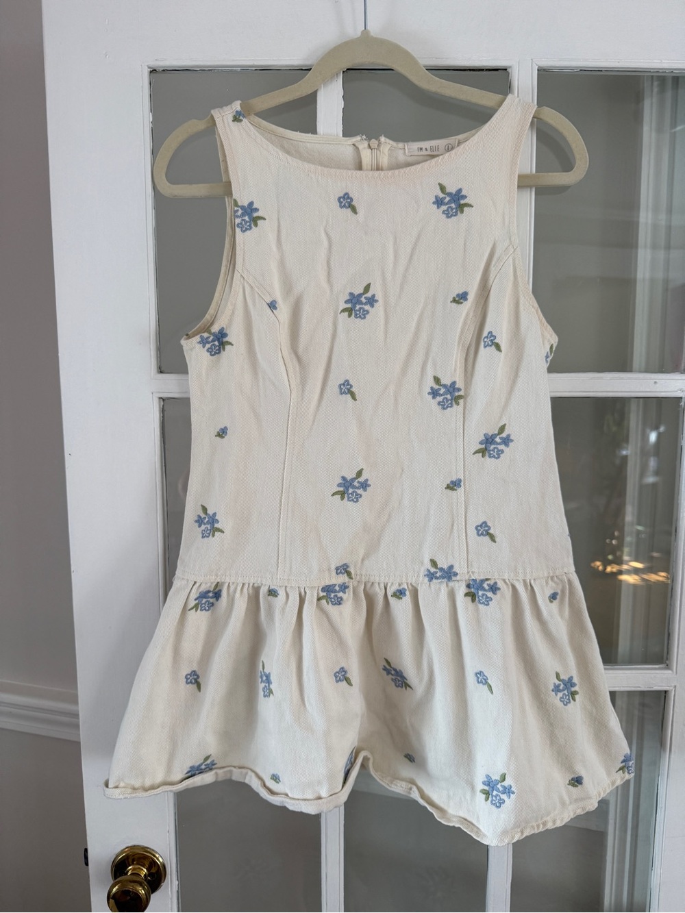 Cream Denim Drop Waist Dress Dress with Blue Embroidered Flowers